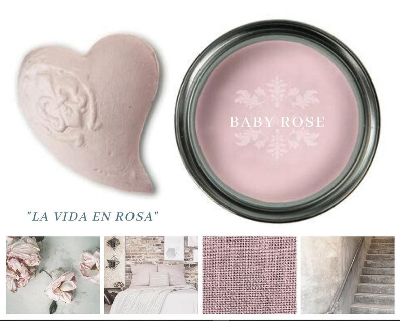 May include: A pink paint can with the text "BABY ROSE" and the phrase "LA VIDA EN ROSA" below. The paint can is surrounded by images of pink roses, a pink heart, and a pink fabric.