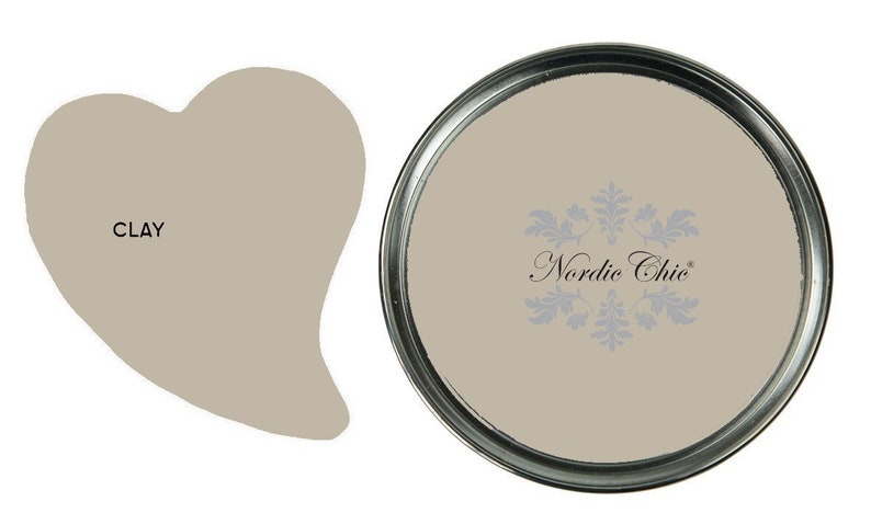 May include: A can of light beige paint labeled "CLAY" by Nordic Chic.