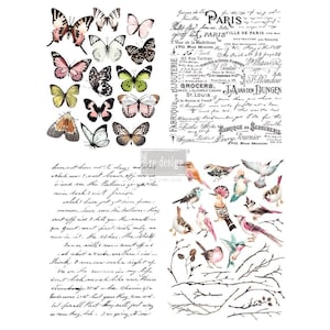 Può includere: Un foglio decorativo con illustrazioni di farfalle nei toni del rosa, verde e marrone, scritte vintage e immagini di uccelli. Il foglio include il testo "PARIS".