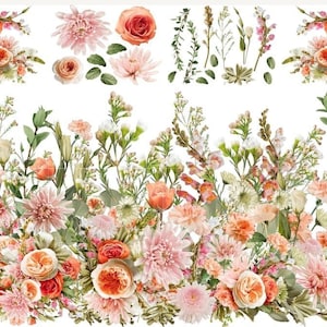 May include: A floral arrangement featuring a variety of pink and peach flowers, including roses, carnations, and dahlias. The flowers are arranged in a lush, natural style, with greenery and stems interspersed throughout.