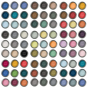 May include: A collection of 64 paint samples in various colors, displayed in small round metal containers. Each container has a snowflake design on the lid.