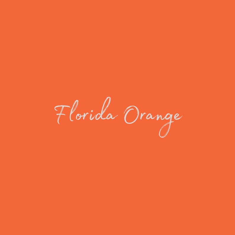 May include: Solid orange background with the text "Florida Orange" in white cursive writing.