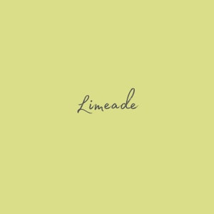May include: A simple graphic design with the word "Limeade" written in a cursive font on a light green background.