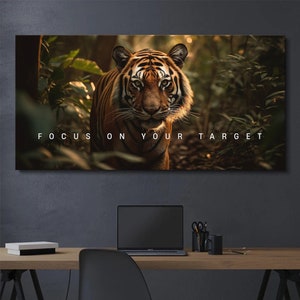 May include: A motivational poster featuring a close-up of a tiger in a jungle setting. The text "FOCUS ON YOUR TARGET" is printed in white on a black background.