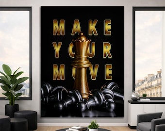 Make Your Move Chess Wall Art Motivational Gold Queen Poster, Entrepreneur Office Wall Decor Strategy Canvas Prints, Hustle Wall Art