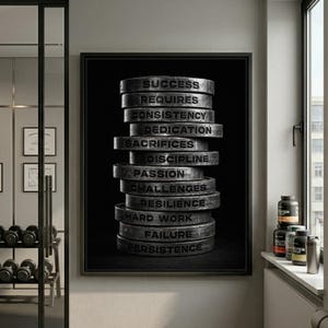 May include: A framed wall art print featuring a vertical stack of metallic weight plates against a black background. Each plate is embossed with a word: SUCCESS, REQUIRES, CONSISTENCY, DEDICATION, SACRIFICES, DISCIPLINE, PASSION, CHALLENGES, RESILIENCE, HARD WORK, FAILURE, PERSISTENCE.