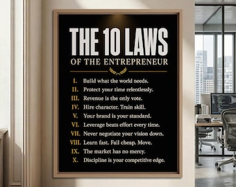 The 10 Laws of the Entrepreneur Wall Art For Office Decor, CEO Workspace Framed Canvas, Inspirational Entrepreneurship Poster
