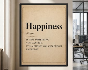 Happiness Definition Framed Poster, Motivational Wall Art For Office Decor, Inspirational Vintage Canvas Positive Quote Print