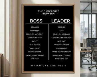 Boss vs Leader Framed Canvas - Motivational Entrepreneur Wall Art For Office Decor, Leadership Poster.