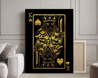 Gold King of Hearts Wall Art Luxury Home Office Decor, Card Player Poster Modern Poker Art Prints Casino Canvas