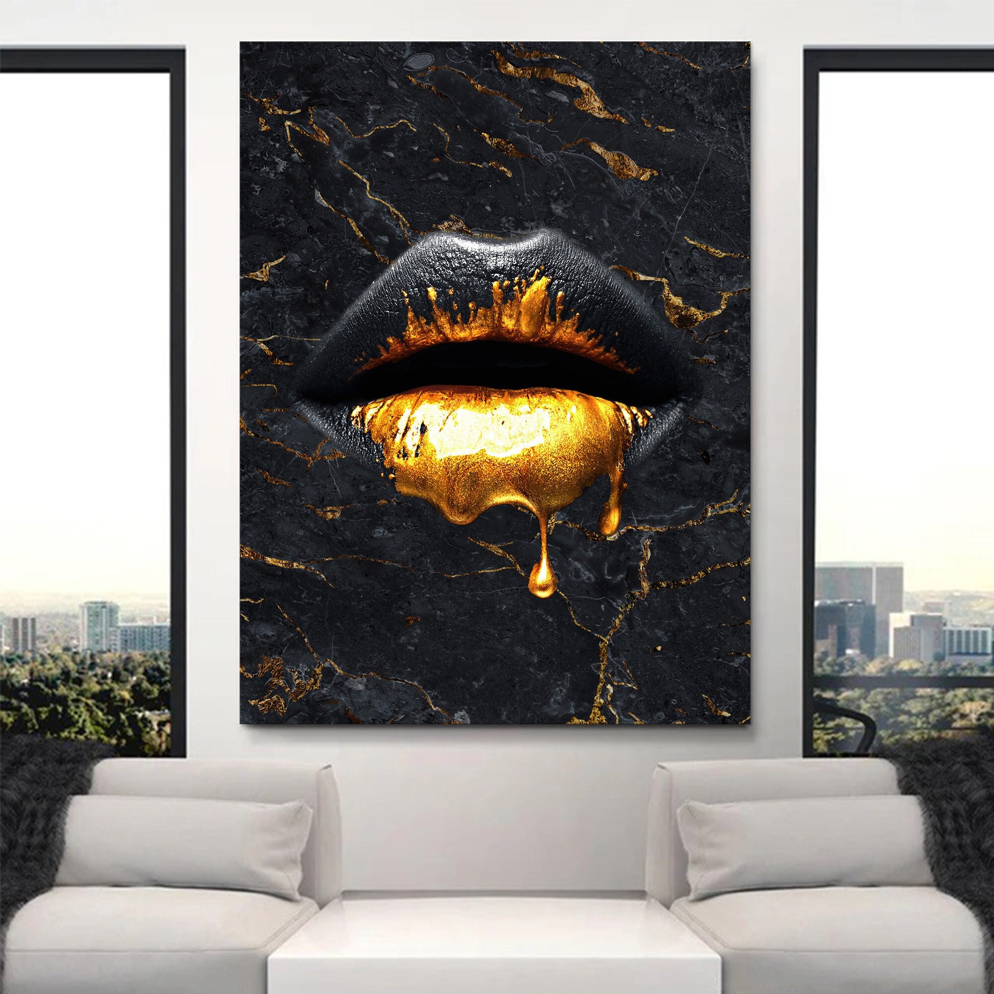 Gold Dripping Lips Wall Art Luxury Home Wall Decor Golden Mouth Canvas ...