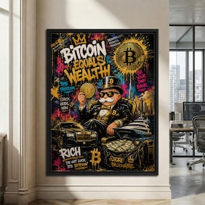 May include: A framed artwork with the text "Bitcoin Equals Wealth" and an illustration of a wealthy man holding a Bitcoin coin. The artwork features a black car, a yacht, and a bag of money, with the words "Rich" and "Future Billionaire".