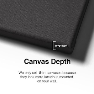 Może przedstawiać: Zbliżenie na czarne pł&oacute;tno z białą ramką. Pł&oacute;tno ma głębokość 0,75 cala. Tekst "Canvas Depth" jest napisany na biało pod pł&oacute;tnem. Tekst "We only sell thin canvases because they look more luxurious mounted on your wall." jest napisany na biało pod tekstem "Canvas Depth".