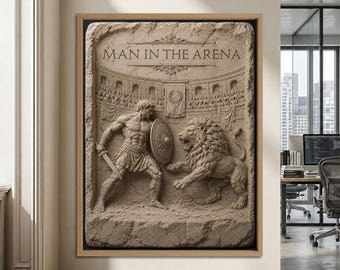 Man In The Arena Framed Poster, Motivational Wall Art For Mens Office Decor, Theodore Roosevelt Quote Print, Stoic Gladiator Canvas