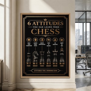 Może przedstawiać: Prostokątny wydruk ścienny z czarnym tłem oraz złotym tekstem i grafikami. Tytuł brzmi 6 ATTITUDES YOU CAN LEARN FROM CHESS. Przedstawia sześć figur szachowych z ikonami i etykietami: Pawn, Knight, Rook, Bishop, Queen oraz King.