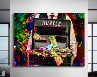 May include: A colorful abstract background with a person holding open a black briefcase with the word "HUSTLE" on the front. The briefcase is overflowing with cash.