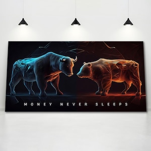 Money Never Sleeps Wall Art Day Trader Poster For Office Wall Decor Bull And Bear Market Prints Trading Room Decor Stock Market Quote Canvas