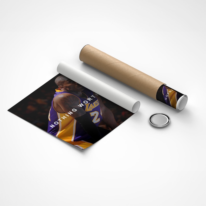 May include: A black and white poster featuring a basketball player wearing a purple and gold jersey with the number "2" on it. The player is in mid-air, and the text "NOTHING WORTH" is visible on the poster.