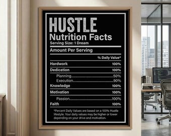 Puede incluir: Un cuadro rectangular con marco de madera clara que presenta un fondo negro con texto blanco diseñado como una etiqueta de información nutricional. El texto dice Hustle Nutrition Facts, Serving Size: 1 Dream, y enumera porcentajes para hardwork, dedication, planning, execution, knowledge, motivation, passion y faith.