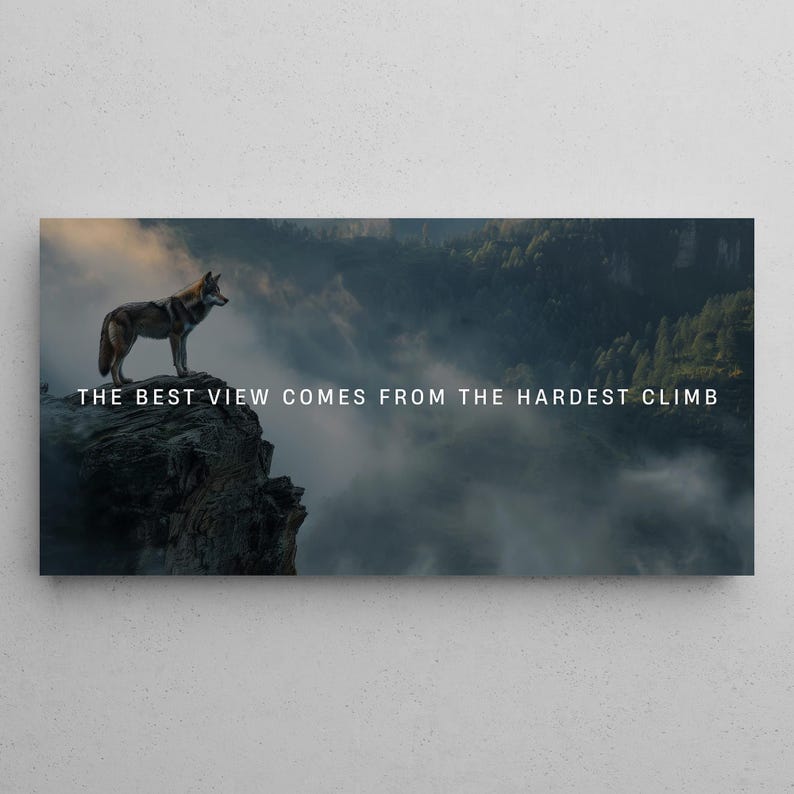 Może przedstawiać: Wilk stoi na skalistej klifie z widokiem na mglistą dolinę. Pod wilkiem widnieje napis "THE BEST VIEW COMES FROM THE HARDEST CLIMB".