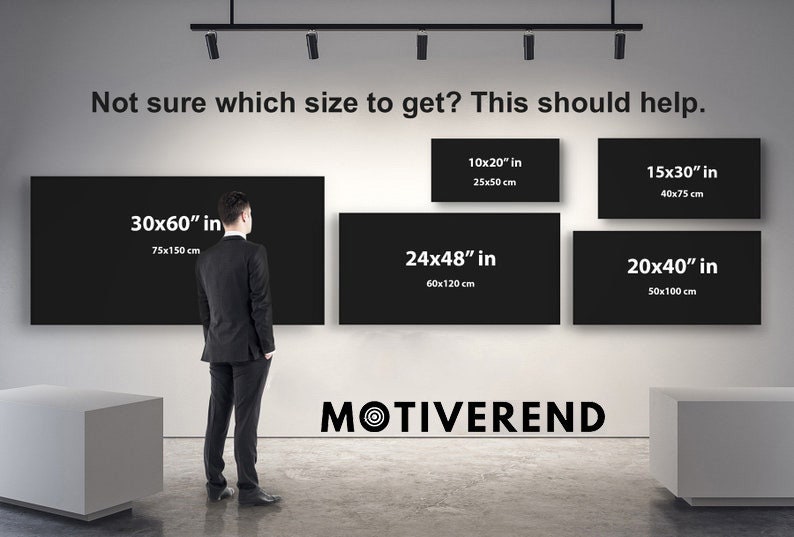 May include: A white wall with black frames displaying different sizes of canvas prints. The sizes are listed in inches and centimeters. The text "Not sure which size to get? This should help." is at the top of the wall. The text "MOTIVEREND" is at the bottom of the wall.