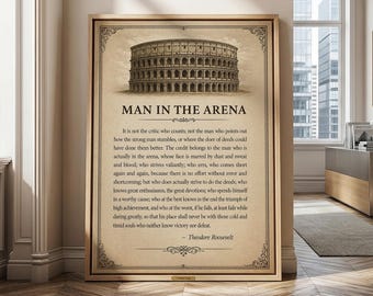 Man in The Arena Wall Art Inspirational Office Prints Decor, Motivational Quote Poster Mens Workspace Decor, Leadership Inspiring Canvas