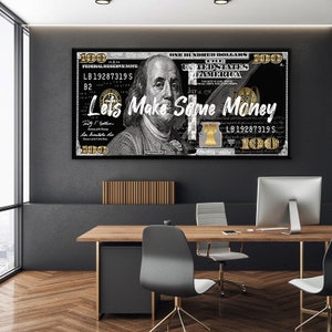 May include: A black and white image of a $100 bill with gold accents. The bill features a portrait of Benjamin Franklin and the text "Lets Make Some Money".