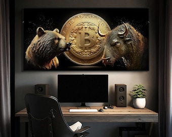 Bitcoin Wall Art Bull And Bear Cryptocurrency Canvas Trader Office Decor BTC Crypto Poster