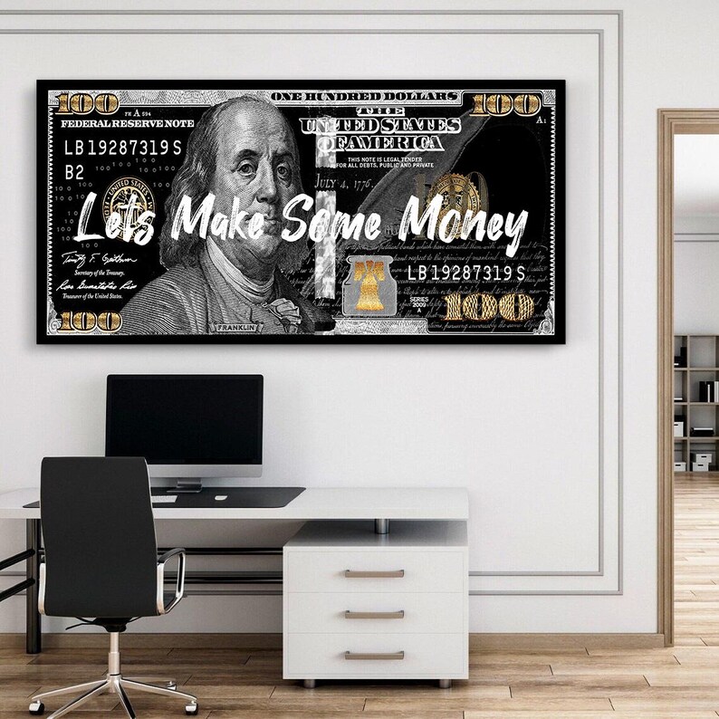 May include: A black and white image of a $100 bill with gold accents. The bill is partially obscured by a gold Liberty Bell. The text "Lets Make Some Money" is written in gold letters across the bill.
