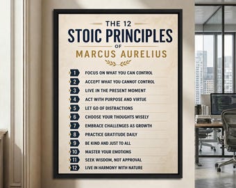 The 12 Stoic Principles of Marcus Aurelius, Inspirational Entrepreneur Canvas Print For Luxury Home Office Wall Art Decor, Stoicism Poster