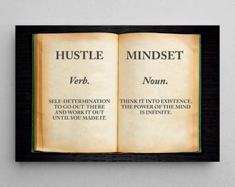 May include: An image of an open book with the words "Hustle" and "Mindset" written on the pages. The word "Hustle" is defined as a verb and the word "Mindset" is defined as a noun. The definition of hustle is "Self-determination to go out there and work it out until you made it." The definition of mindset is "Think it into existence. The power of the mind is infinite."