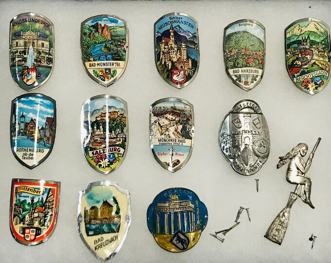 Vtg Travel Badges Hiking Stick Medallions Walking Sticks Metal Cane