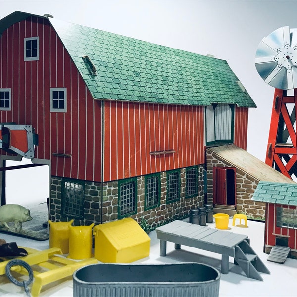 Vtg Barnyard Playset 1940s HAPPI TIME Antique Toy Farm Set Rare SEARS Roebuck Co. Diecast Cardboard Barn, Coop, Windmill with Vintage Toys