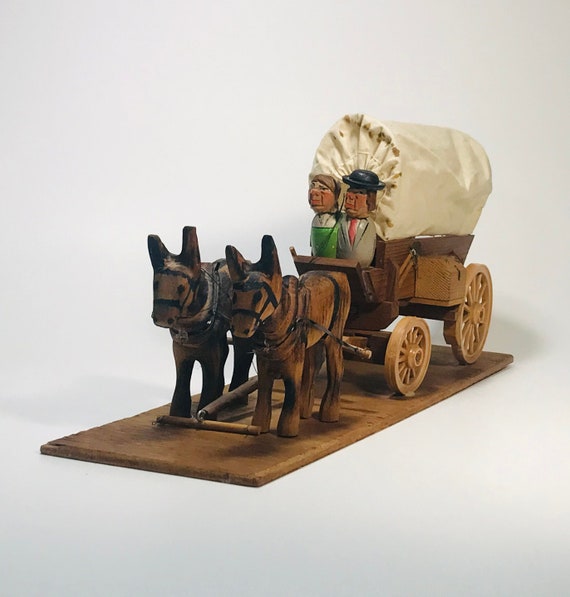 Vintage German Wood Covered Wagon Model Folk-art Miniature