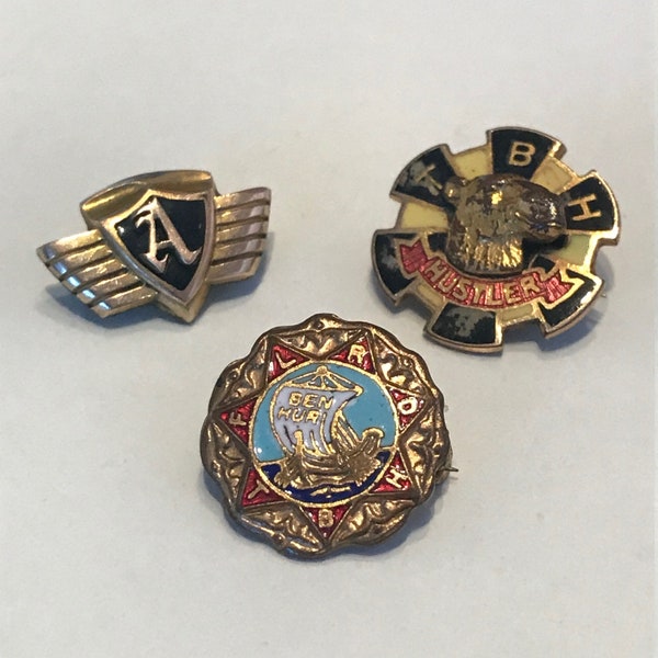 3 Rare Antique Gold Enamel Fraternal Sorority Organization Lapel Pin Brooch Collection