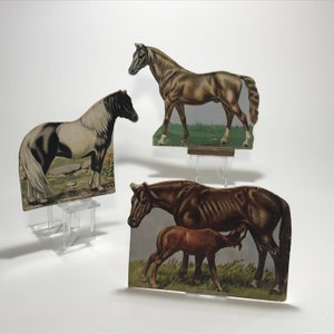 Vintage Animal Karton Cutout Pferd Stand-up Figur Spielzeug Paperdoll Bauernhof Pferde SET 3 Stanzschnitt Antik Tier Flashcard Action Figuren