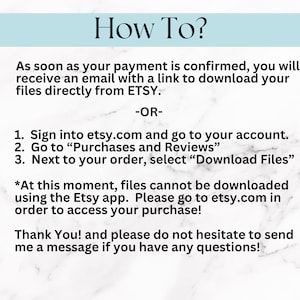 May include: How to download digital files from Etsy. Instructions include downloading files directly from an email link or through the Etsy website.  The text also states that files cannot be downloaded using the Etsy app.