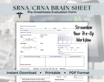 CRNA Brain Sheet Printable PDF | Pre-Anesthesia Assessment Form for SRNA, (Digital Download)