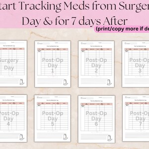 May include: Printable medication log for tracking medications after surgery. The log includes a section for the day of surgery and seven days after. The text "Start Tracking Meds from Surgery Day & for 7 days After (print/copy more if desired!)" is at the top of the image.