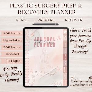Planificador de Cirugía Plástica y Diario de Recuperación, con hipervínculos: PDF preoperatorio y posoperatorio (descarga digital)