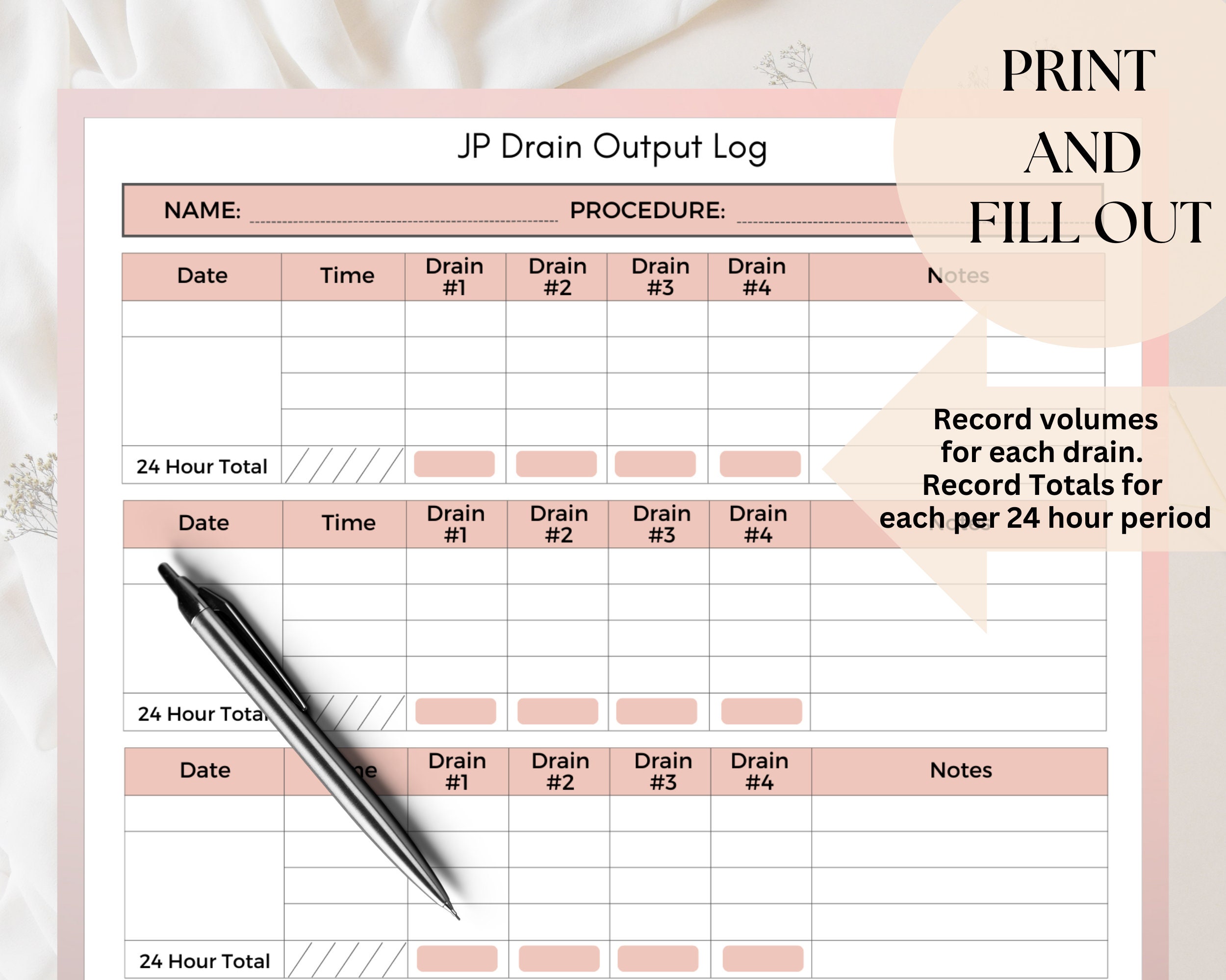 Printable Surgical Drain Log Post Op JP Drain Record Mastectomy Drain