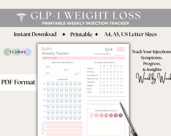 GLP-1 Injection Tracker: Weight Loss & Symptom Management (Printable PDF)