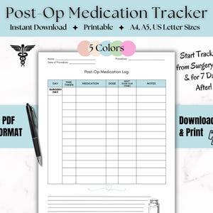 Printable Post-Op Medication Tracker: Surgical Medication Log (Digital Download)