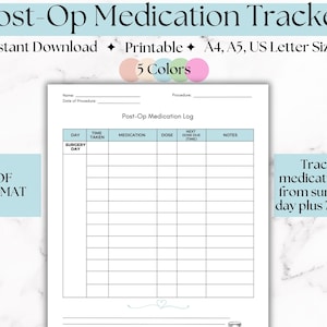 Printable Medication Tracker| Post Op Medication Record| Surgical Medication Log| Medication Sheet| Medication Checklist| Pill Tracker Form