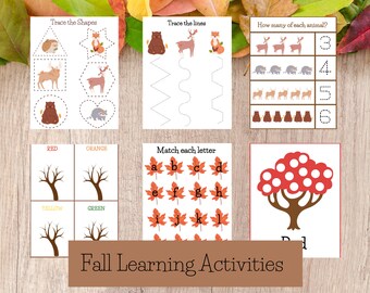 Fall themed printable learning activities for toddlers, preschool, and homeschool. Fall themed worksheets for preschool, toddlers.