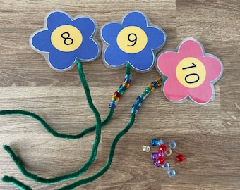 Flower fine motor and counting activity, flower bead counting activity, preschool flower counting hands on activity.