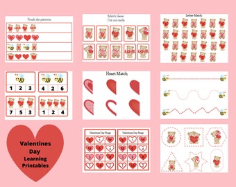 Valentines Day Learning Pack, Printable Busy Binder Worksheets, Preschool, Printable learning worksheets, reusable learning worksheets.