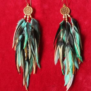 Feather Earrings, Green Feather Earrings, Pearl feather Earrings, Long Feather Earrings, Big Feather Earrings, Real Feather Earring