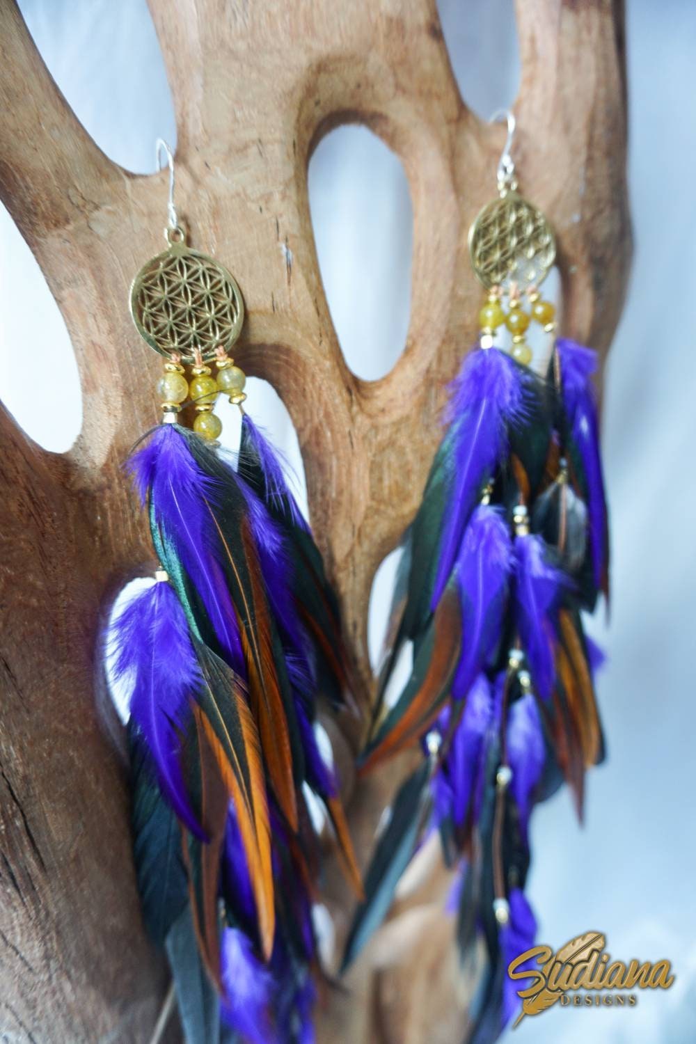 Feather Earrings Flower of Life With Drop Feather Earrings Etsy