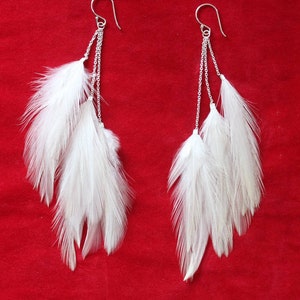 Feather Earrings, White Feather Earrings, Drop Feather Earrings, Dangle Feather Earring, Silver Chain Earrings